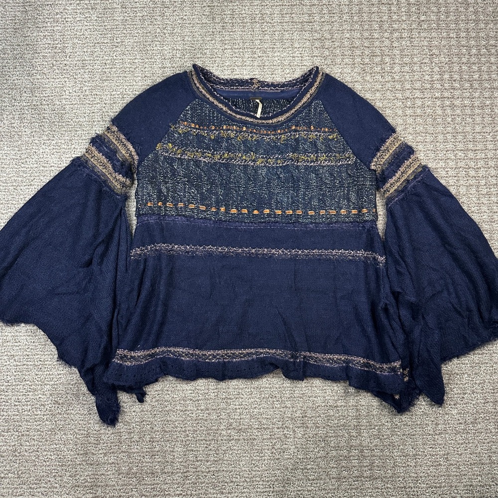 Free People Navy Blue Mixed Media Bell Sleeve Boho Cable Knit Sweater Small